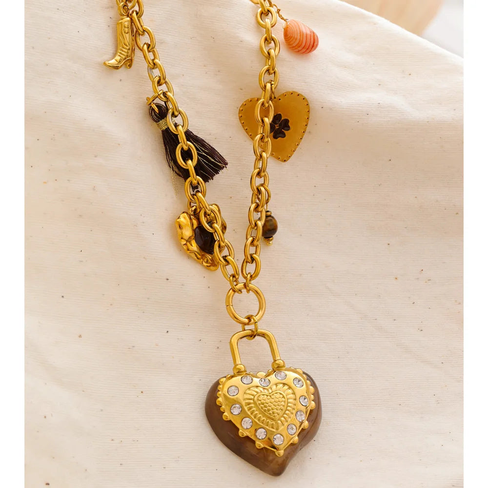 Yhpup 83+6cm Resin Flower Heart Pendant Long Charms Necklace 2025 Popular Stainless Steel Sweater Chain Handmade Jewelry New