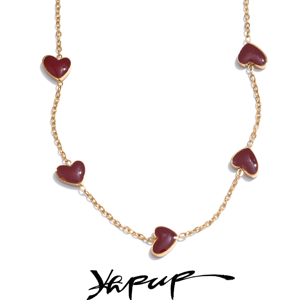 Yhpup Color Ancora Ankela Red Enamel Heart Love Chic Chain Necklace Women Stainless Steel Jewelry Valentine's Gift