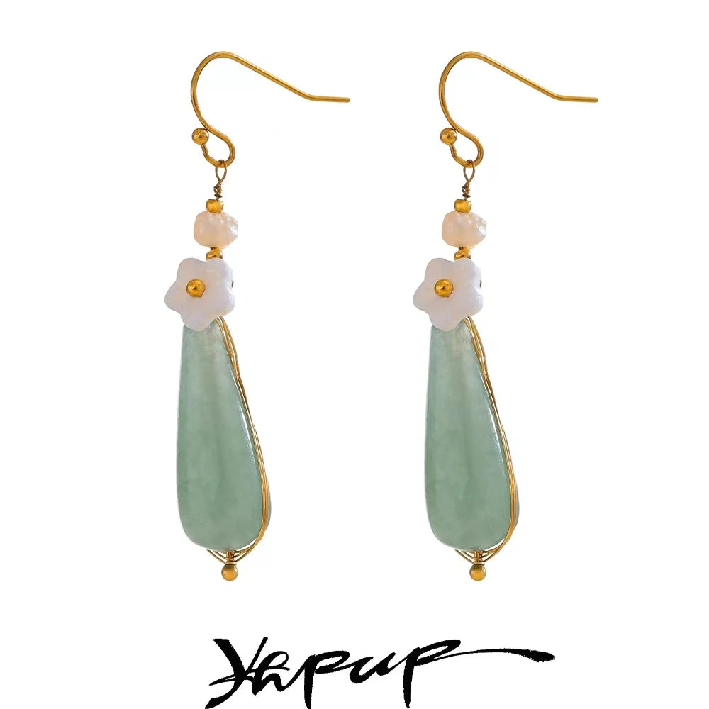 Yhpup Green Pink Natural Stone  Drop Earrings for Women Stainless Steel Vintage Elegant Chinese Style Fashion Jewelry Gift