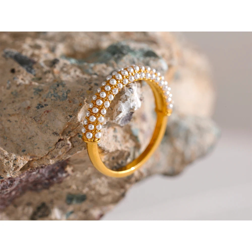 Yhpup Elegant Imitation Pearls Stainless Steel Charm Chic Ring 18K Gold Plated Waterproof Trendy Fashion Romantic Jewelry Women