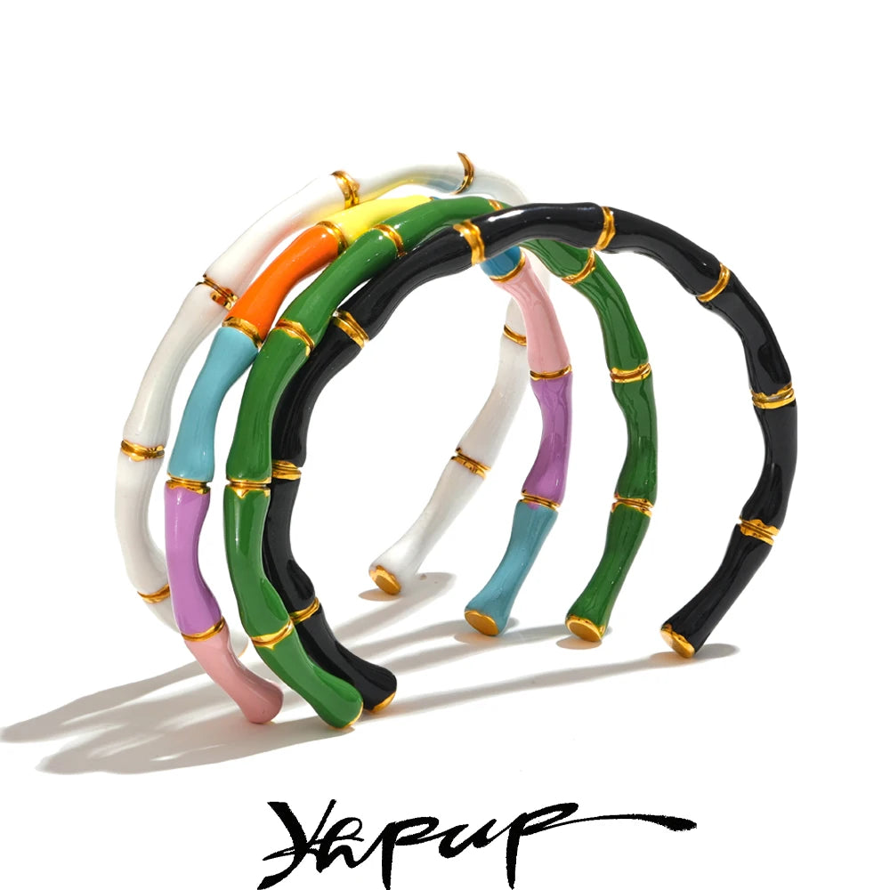 Yhpup Summer Colorful Enamel Bamboo Cuff Opening Bracelet Bangle for Women Stainless Steel Y2K Fashion Jewelry Accessories
