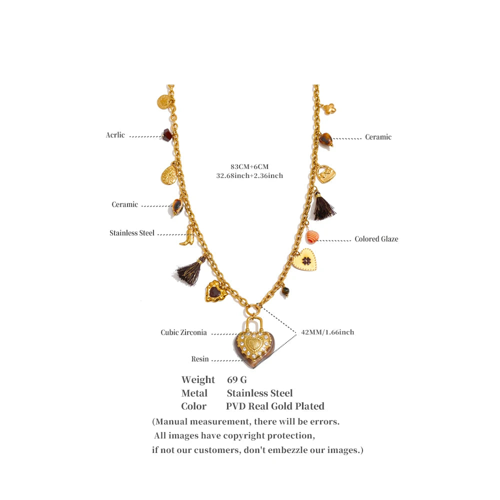 Yhpup 83+6cm Resin Flower Heart Pendant Long Charms Necklace 2025 Popular Stainless Steel Sweater Chain Handmade Jewelry New