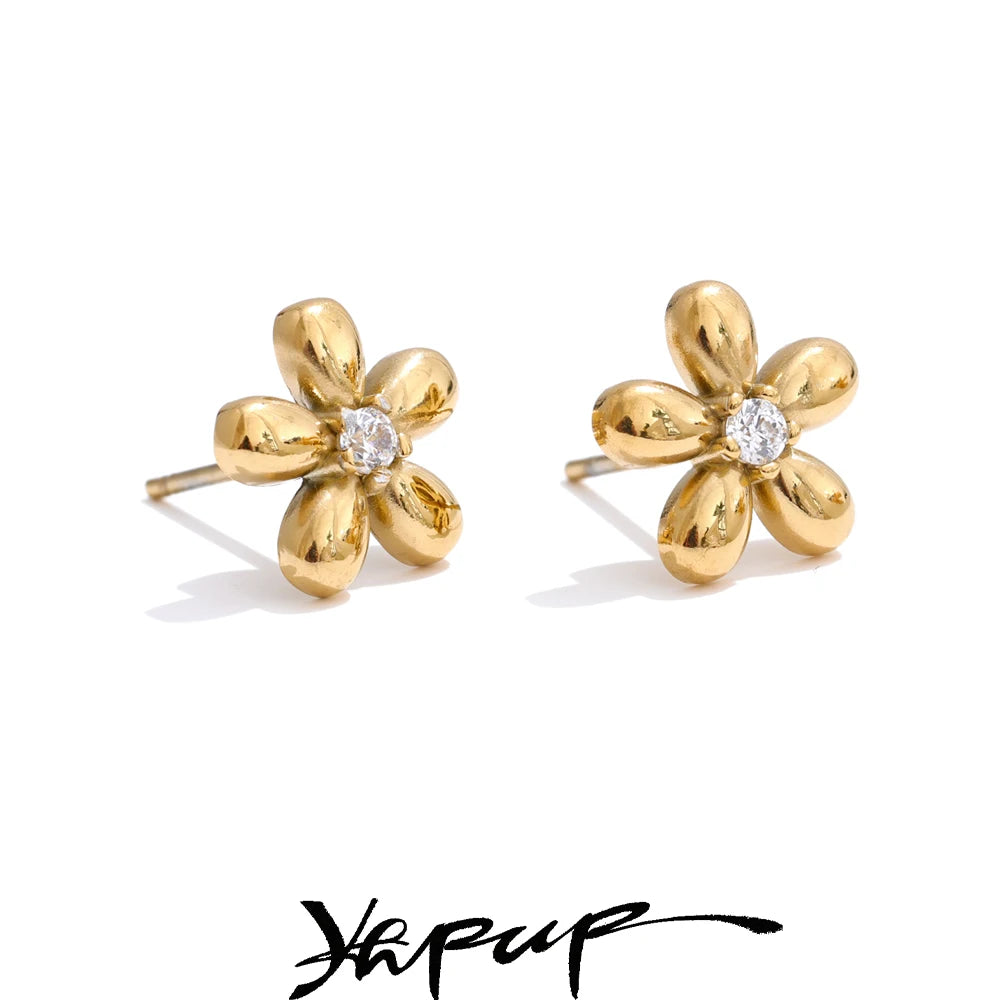 Yhpup 2025 Arrivals Stainless Steel Zirconia Flower Daily Stud Earrings for Women Versatile Popular Charm Jewelry Gift