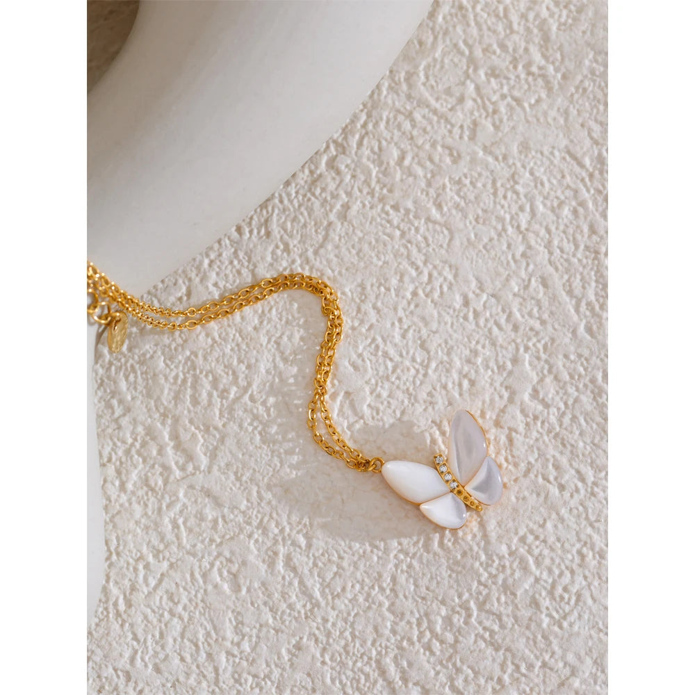 Natural shell and zircon butterfly necklace 