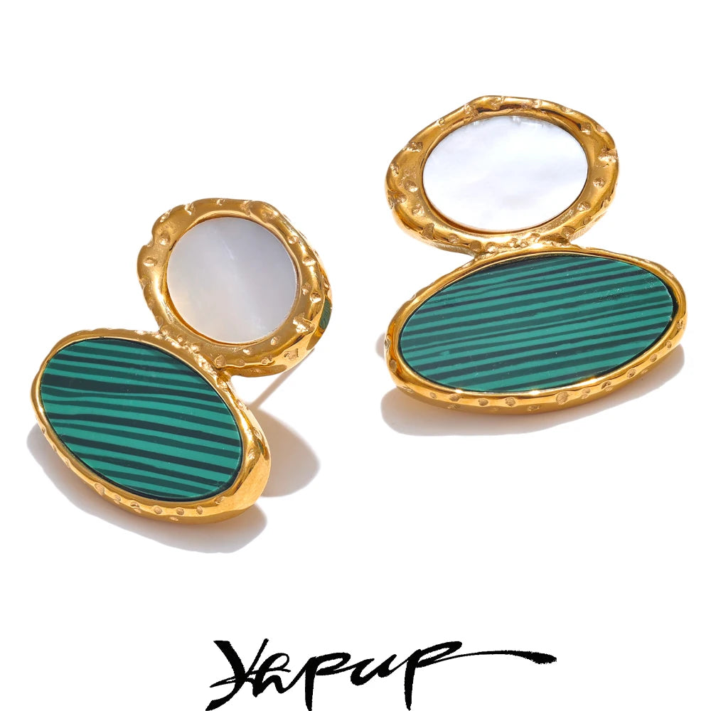 Yhpup White Shell Green Acrylic Stainless Steel Oval Geometric Stud Earrings Women Fashion Charm Jewelry Bijoux Femme Gift