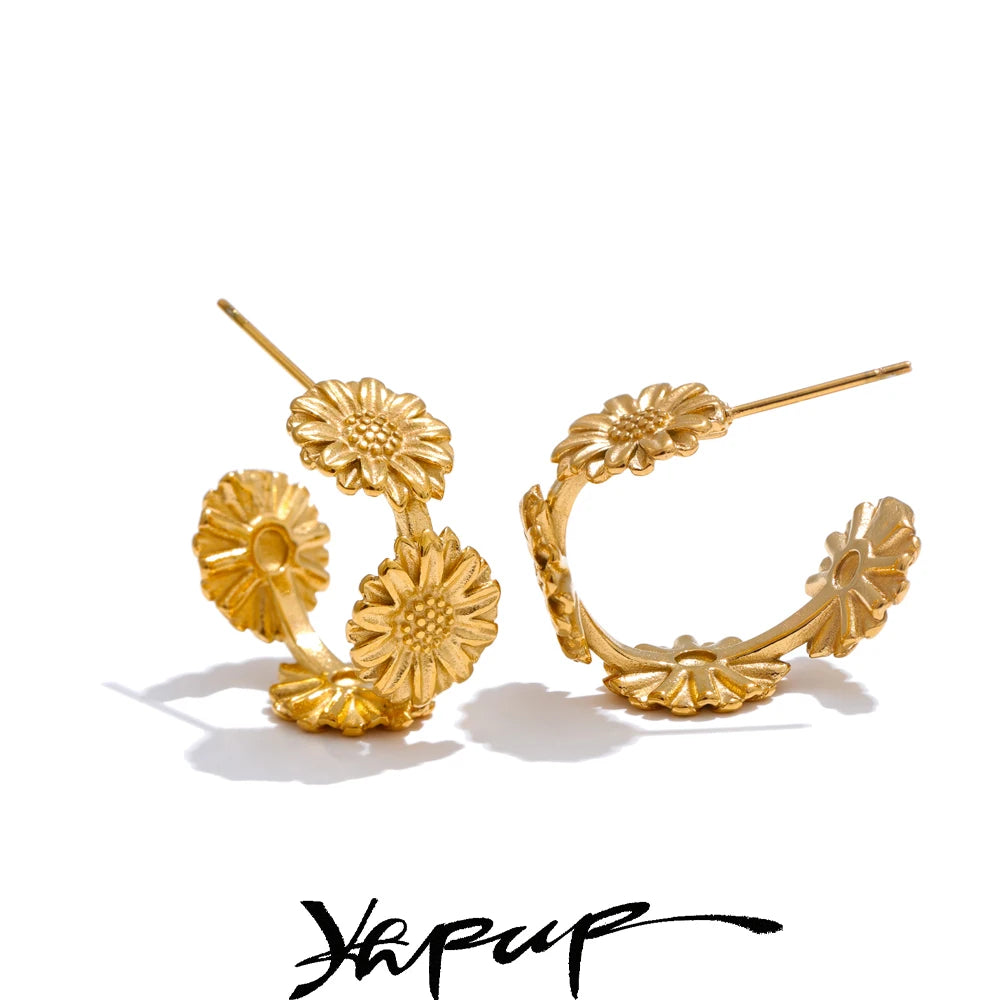 Yhpup Sun Flower Stainless Steel Metal C-Shaped Hoop Earrings 18K Gold Color PVD Plated Fashion Trendy  Jewelry for Women