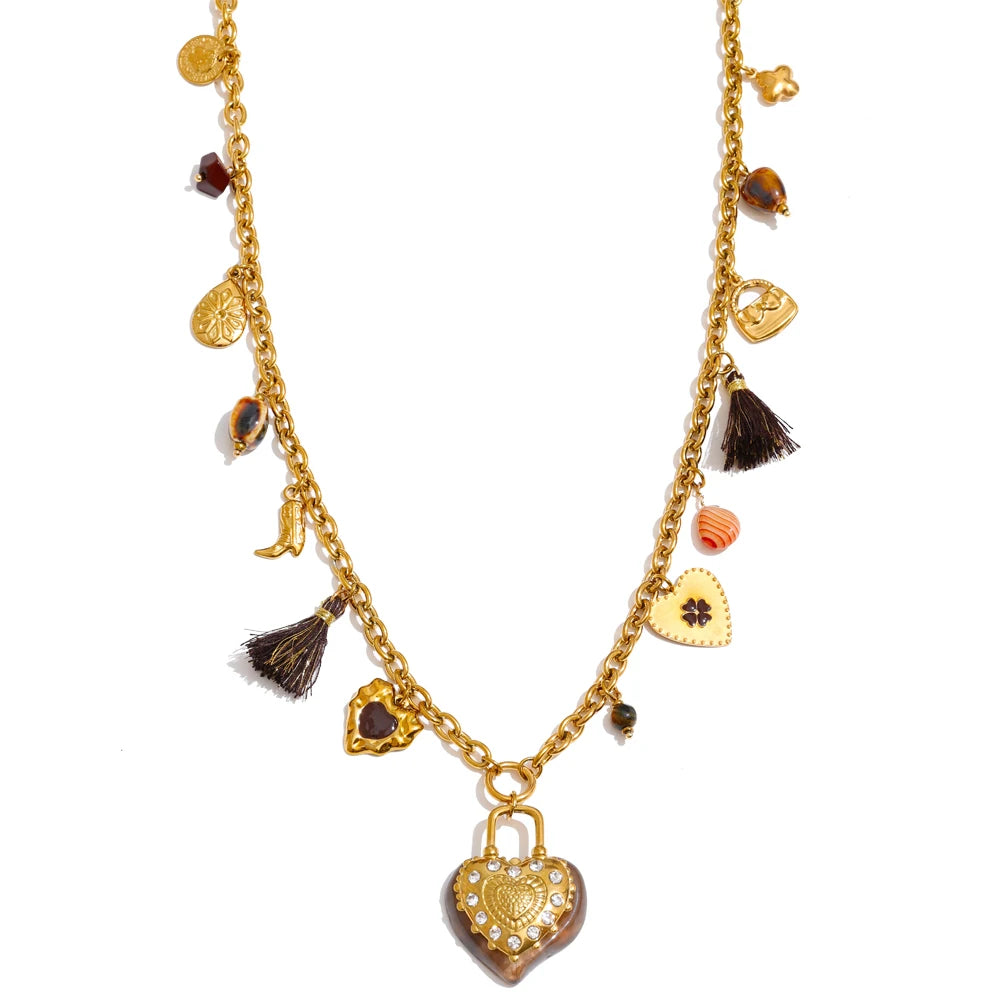 Yhpup 83+6cm Resin Flower Heart Pendant Long Charms Necklace 2025 Popular Stainless Steel Sweater Chain Handmade Jewelry New