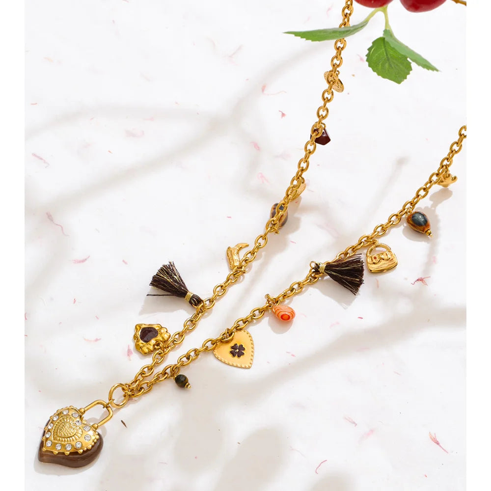 Yhpup 83+6cm Resin Flower Heart Pendant Long Charms Necklace 2025 Popular Stainless Steel Sweater Chain Handmade Jewelry New