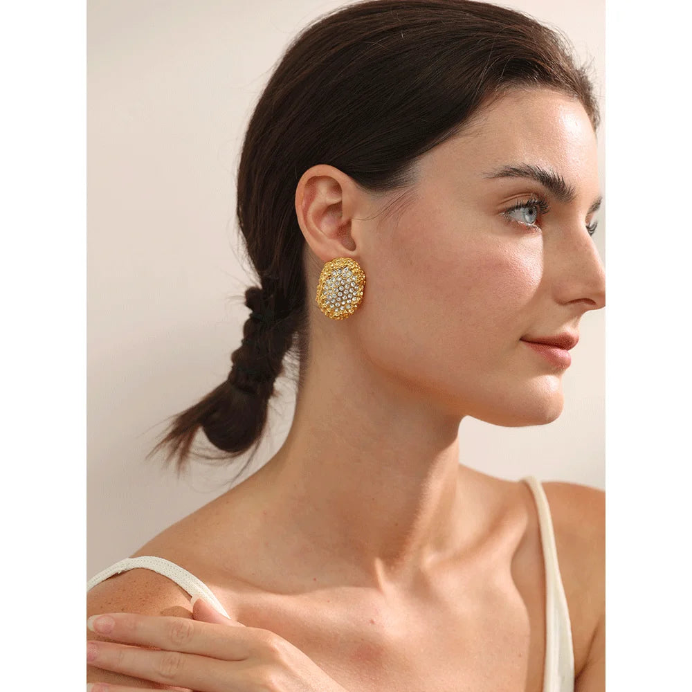 Yhpup Geometric Cubic Zirconia Ear clip Prevent Allergy 18k Gold Color Stainless Steel Statement Earrings Jewelry for Women Gift
