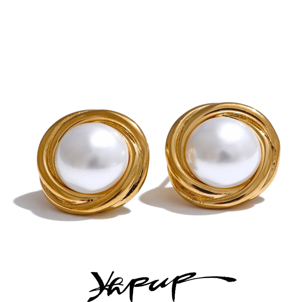 Yhpup Korean Style Simulated Pearls Round Stud Earrings for Women Versatile Daily Elegant Fashion Jewelry Anti Allergic Gift