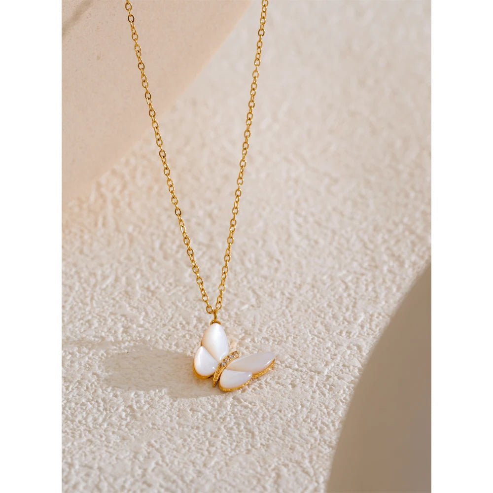 Natural shell and zircon butterfly necklace 