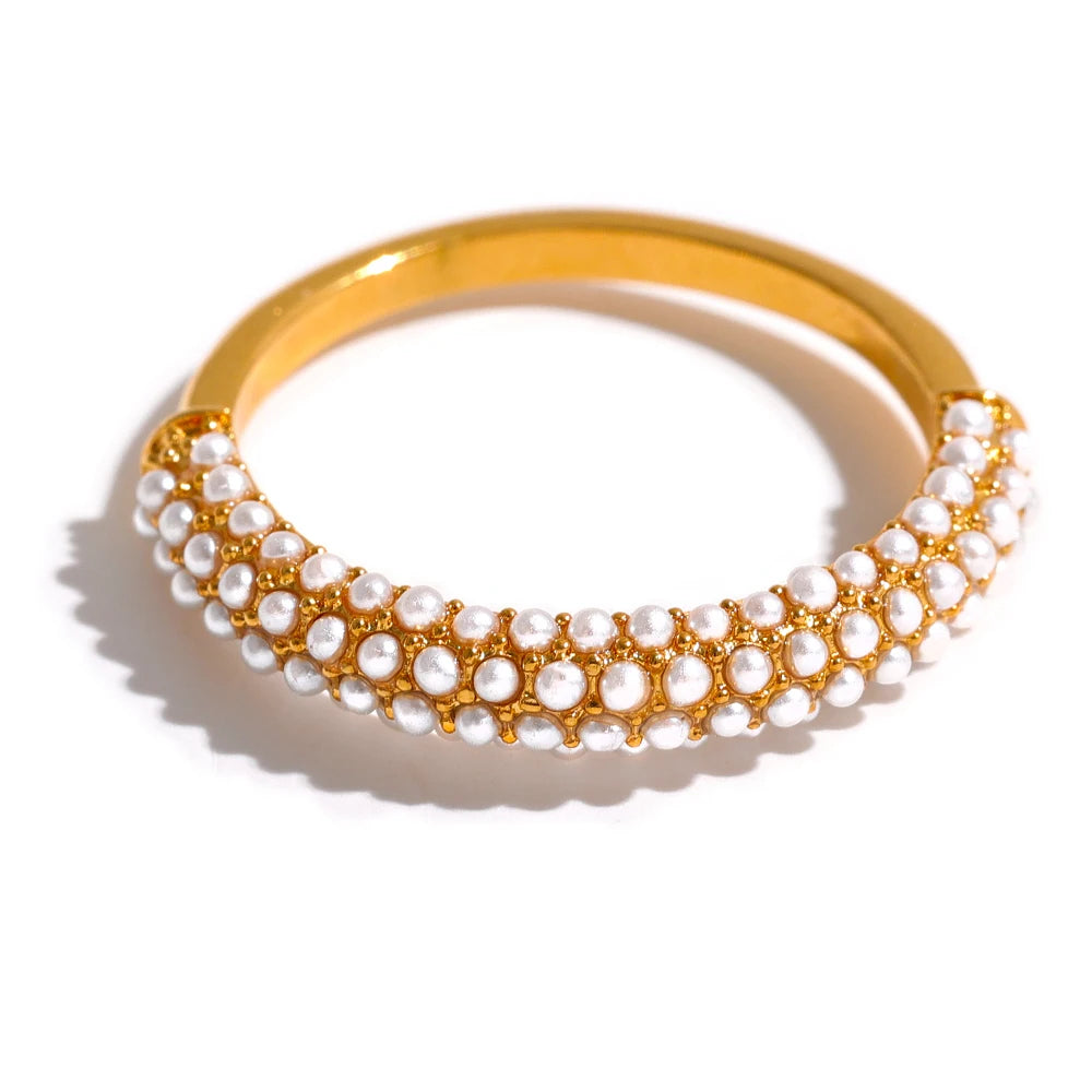 Yhpup Elegant Imitation Pearls Stainless Steel Charm Chic Ring 18K Gold Plated Waterproof Trendy Fashion Romantic Jewelry Women