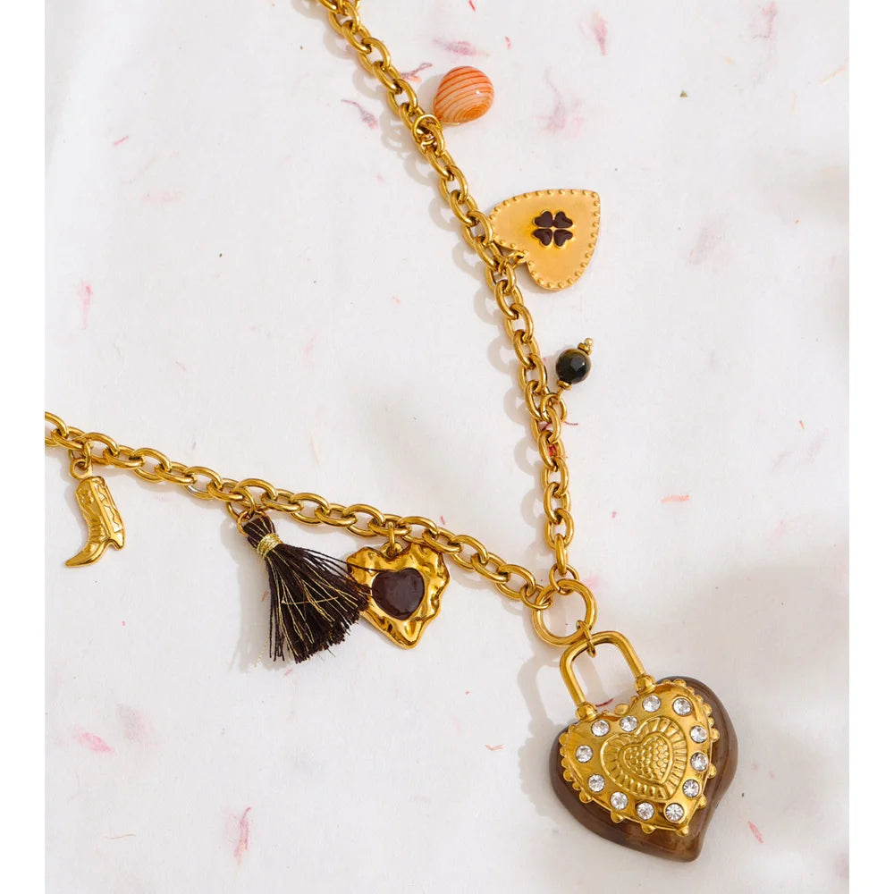Yhpup 83+6cm Resin Flower Heart Pendant Long Charms Necklace 2025 Popular Stainless Steel Sweater Chain Handmade Jewelry New