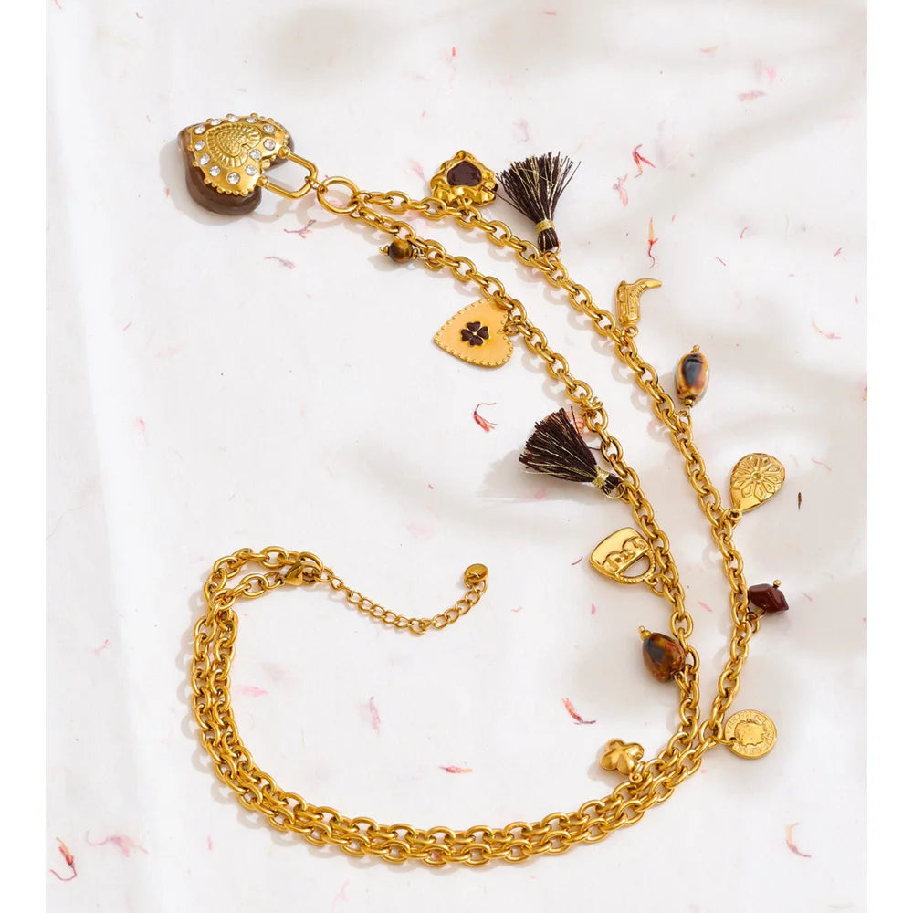 Yhpup 83+6cm Resin Flower Heart Pendant Long Charms Necklace 2025 Popular Stainless Steel Sweater Chain Handmade Jewelry New