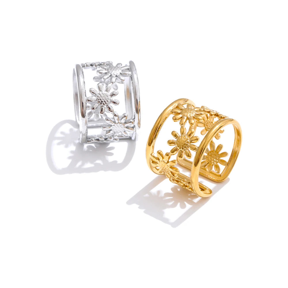 خاتم مفتوح بتصميم زهرة مجوّفة – مطليّ بالذهب والبلاتين بتصميم عصري قابل للتعديل