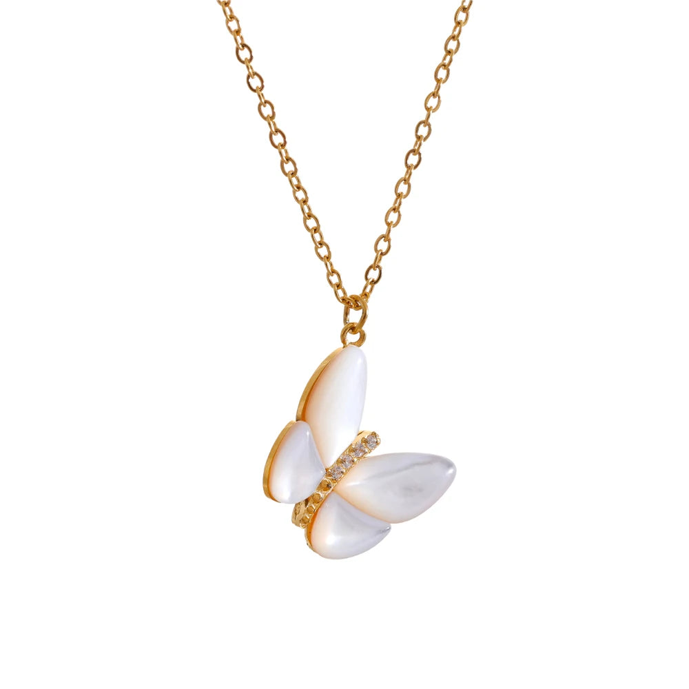 Natural shell and zircon butterfly necklace 