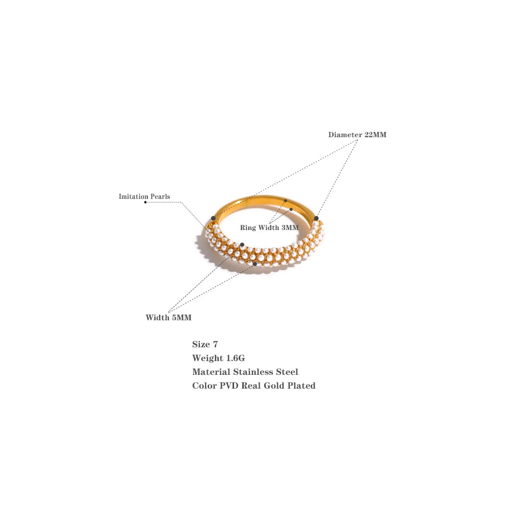 Yhpup Elegant Imitation Pearls Stainless Steel Charm Chic Ring 18K Gold Plated Waterproof Trendy Fashion Romantic Jewelry Women
