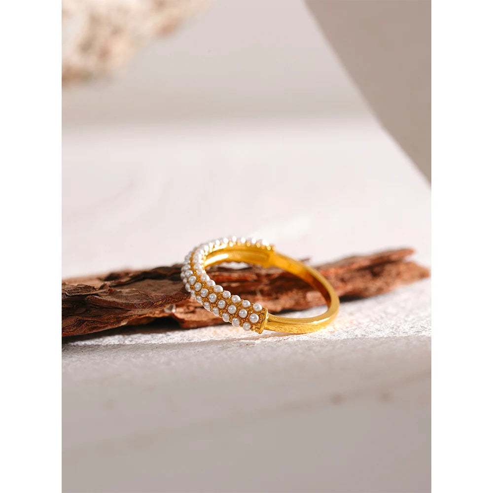 Yhpup Elegant Imitation Pearls Stainless Steel Charm Chic Ring 18K Gold Plated Waterproof Trendy Fashion Romantic Jewelry Women