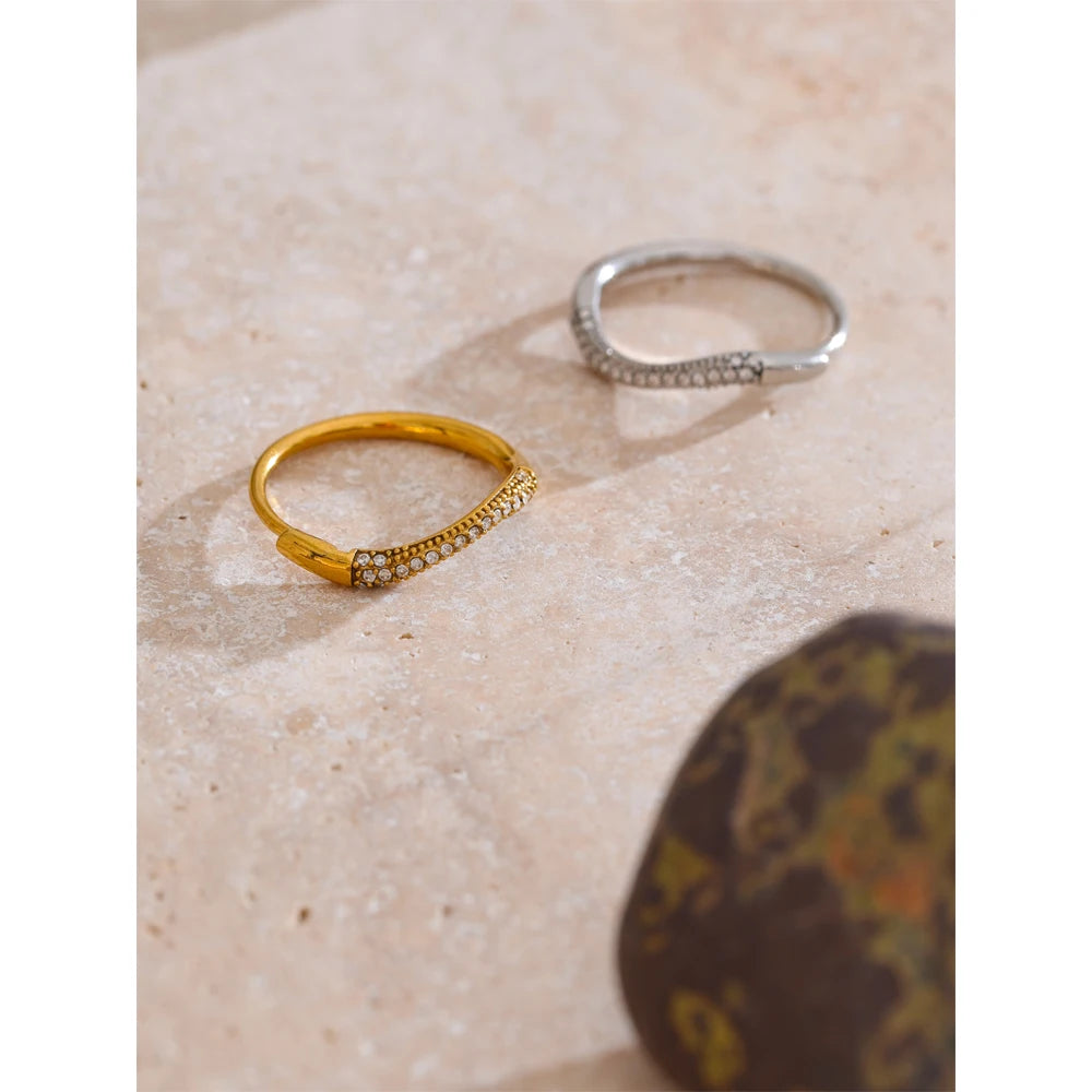 Yhpup Adjustable Cubic Zirconia Inlaid Thin Ring Stainless Steel Fashion Popular Jewelry